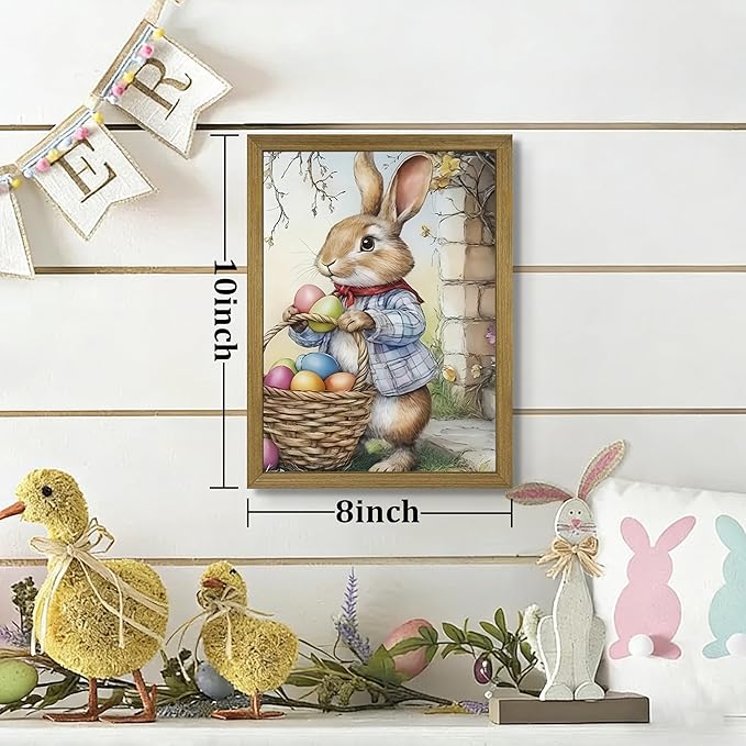 Framed Easter Bunny Wall Art, Cute Rabbit Easter Eggs Canvas Print Paintings, Vintage Holiday Decor Oil Painting, Rustic Farmhouse Spring Animal Wall Decor for Living Room Bedroom Nursery 8x10 Inch