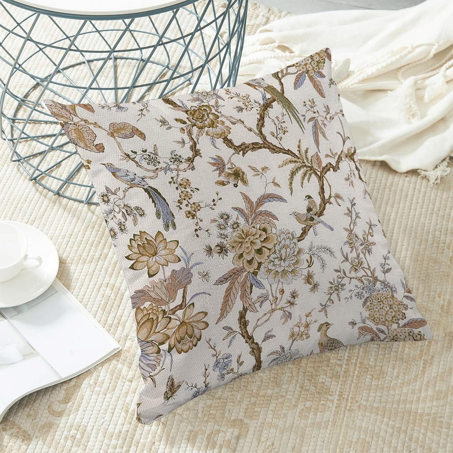 CXMEIFLY Spring Floral Birds Pillow Covers 20 x 20 Inch Set of 2 for Chinoiserie Flowers Decor Throw Pillows Brown and White Plant Outdoor Decorative Cushion Cases for Couch Bed Decorations