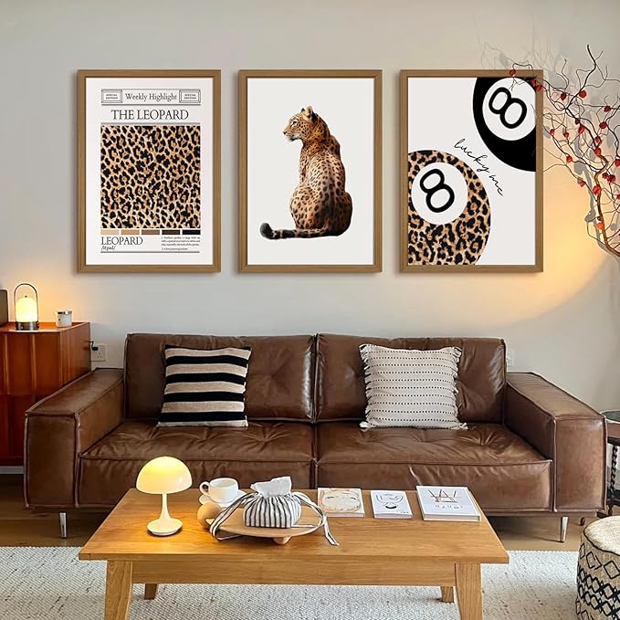 Trendy Leopard Wall Art Cheetah Print Canvas Wall Decor 8 Ball Poster Preppy Room Aesthetic Pictures Funky Coquette Vintage Prints Y2k Fashion Lucky Posters for Bedroom 12x16x3 Inch Framed