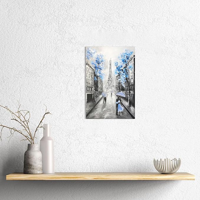 YPY Blue Floral Paris Canvas Wall Art: Blue Flower Grey Eiffel Tower Picture for Bathroom Decor, Painting Textured Street Scenery Print Modern Artwork Home Decoration 10 x 15