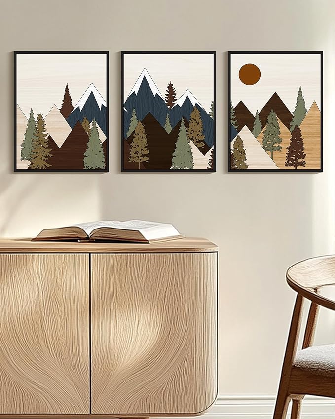 Drsoum Morden Mountains Landscape Wall Art Framed Boho Pine Tree Forest Nature Prints Boho Farmhouse Rustic Artwork Hallway Bedroom Ready to Hang 16x24in Black Framed
