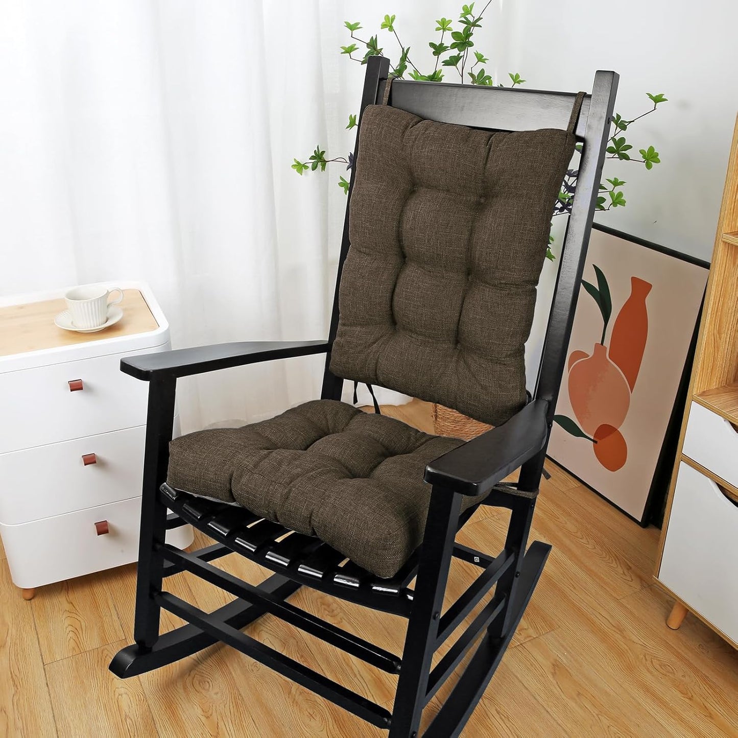 BUYUE Chair Cushion Set for Rocking Chair, Back Pillow & Seat Cushion with Ties, Original Woven Fabric Non-Slip Chair Pads for Elderly Sitting, Brown