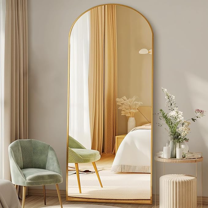 DUMOS Arched Full Length Mirror with Stand Floor Standing Aluminum Frame for Bedroom Body Hanging Leaning Modern Simple Home Decor Shatter-Proorf Nano Glass Wall Living Room Cloakroom Gold 68"x26"
