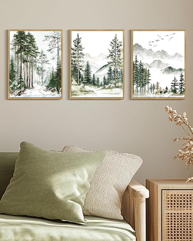 Drsoum Green Tree Forest Mountain Framed Wall Art Nature Landscape Prints Morden Wilderness Artwork Hallway Bedroom Ready to Hang 11x14in Natural Framed