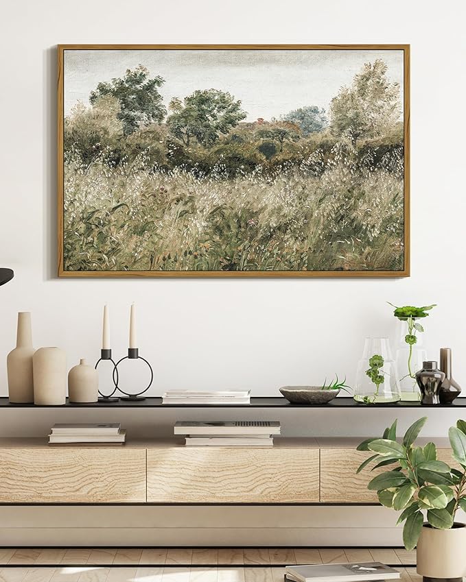 SHENIFY Vintage Landscape Framed Wall Art Meadow Scenery Farmhouse Decor Retro Painting for Living Room Bedroom Ready to Hang Wall Artwork - 16x24in Natural Framed