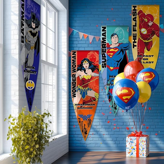 Superhero Banner Flag Backdrop Decor, 18"x59" Hero Themed Pennant Flags for Room Birthday Party Wall Decorations