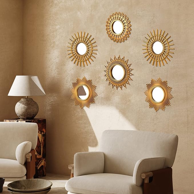 Namalu 6 Pcs Sunburst Mirror for Wall Decor, Small Circle Sun Decorative Mirror Hanging for Art Entryway Home Decor Bathroom Bedroom Living Room(Classic,Gold)
