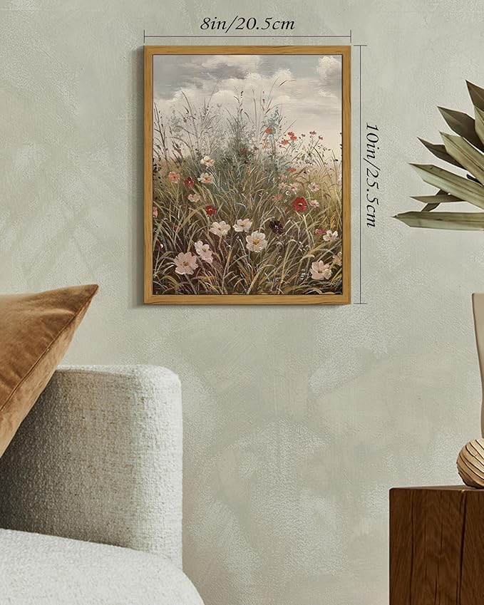 SHENIFY Vintage Landscape Framed Wall Art Wildflower Field Scenery Farmhouse Decor Retro Meadow with Flowers Painting for Kitchen Living Room Bedroom Bathroom - 8x10in Natural Framed