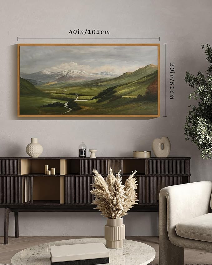 SHENIFY 20x40in Extra Large Vintage Framed Wall Art Mountain Range Valley River Landscape Painting Retro Meadow Scenery Farmhouse Bedroom Above of Bed Living Room Decor - Natural Framed