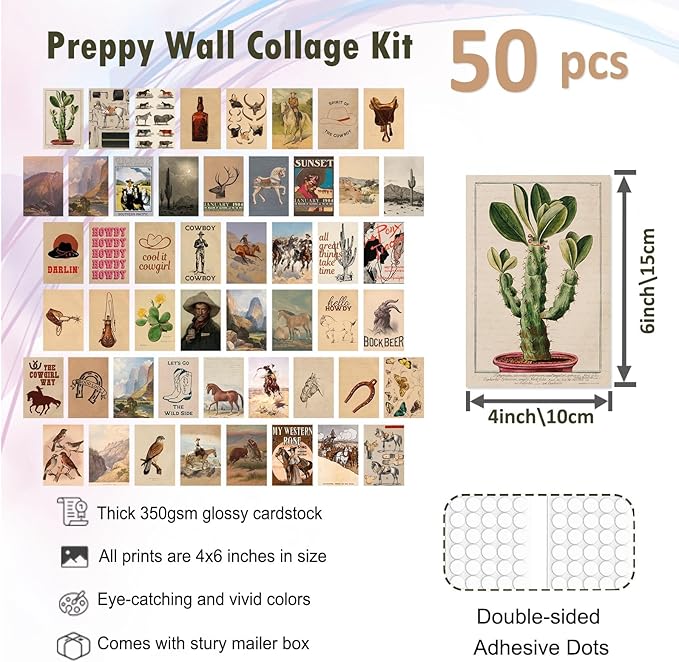 KBKBART 50 Pcs Vintage Western Cowboy Pictures Wall Decor, Farmhouse Western Wall Art Prints, Southwestern Boho Old Wild Collage Kit 4"x6", Vintage Cowgirl Aesthetic Poster for Bedroom, Teen Girl Dorm Decor