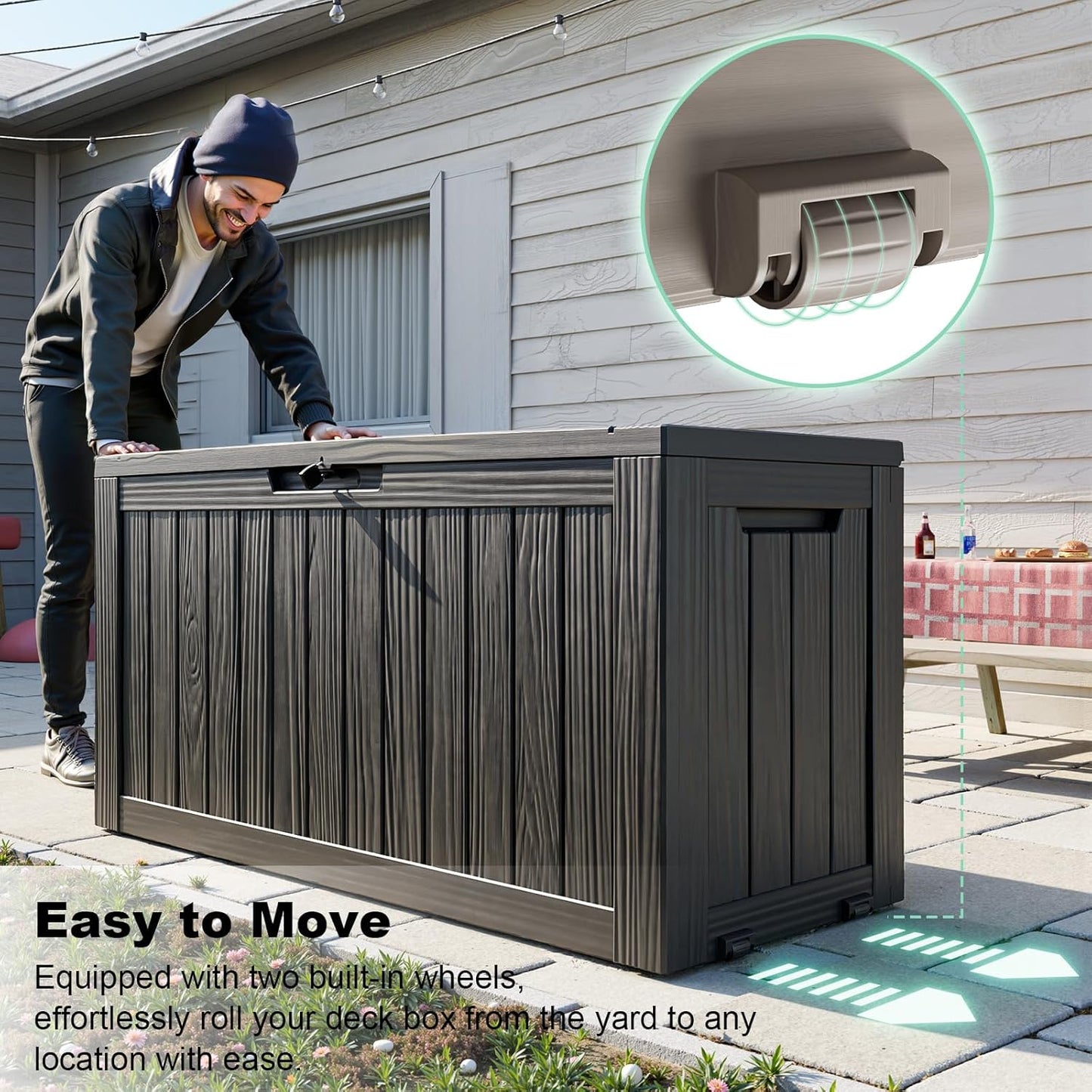 DRATO 75 Gallon Deck Box, Waterproof Resin Large Outdoor Storgae Box for Patio Furniture, Patio Cushions, Gardening Tools, Pool and Sports Supplies, Lockable