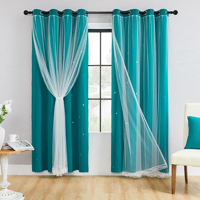XiDi Black Out Curtains for Girls Bedroom Decor, Unicorn Curtains for Kids Room, Blackout Curtains for Living Room 63 inchs Long 34 inches Wide 2 Panel Teal
