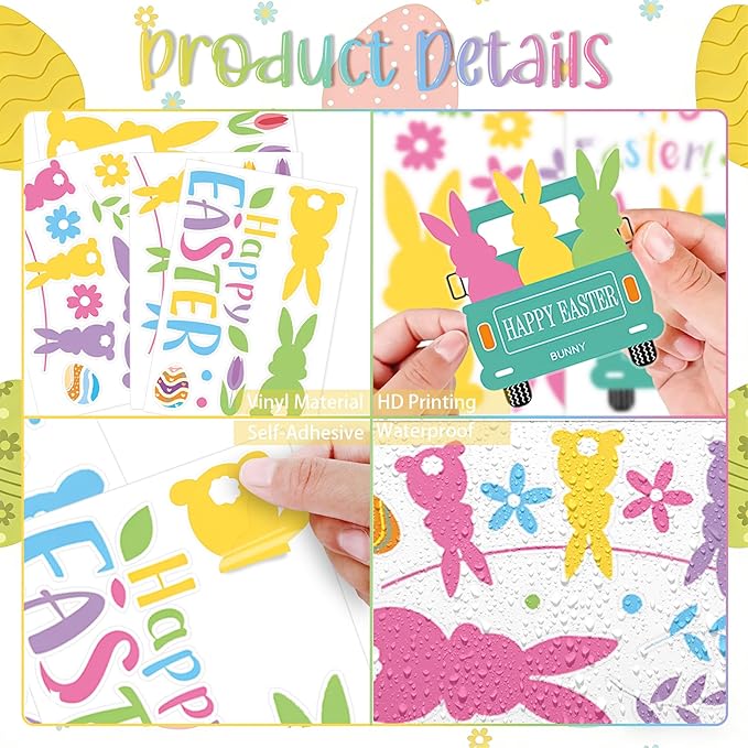Happy Easter Bunny Wall Decals, 9 Sheet Easter Colorful Rabbit Wall Stickers Removable for Home Classroom Office Wall Decorations