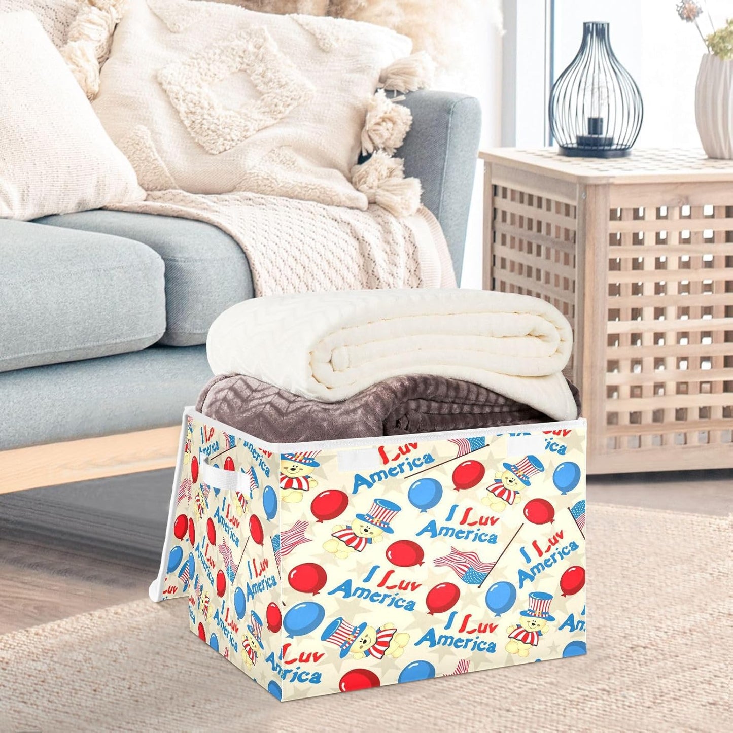 susiyo Classical American Pattern fabric storage baskets with lids,Collapsible Storage Boxes,Foldable storage boxes with handles for Home,Office,Closet Organization