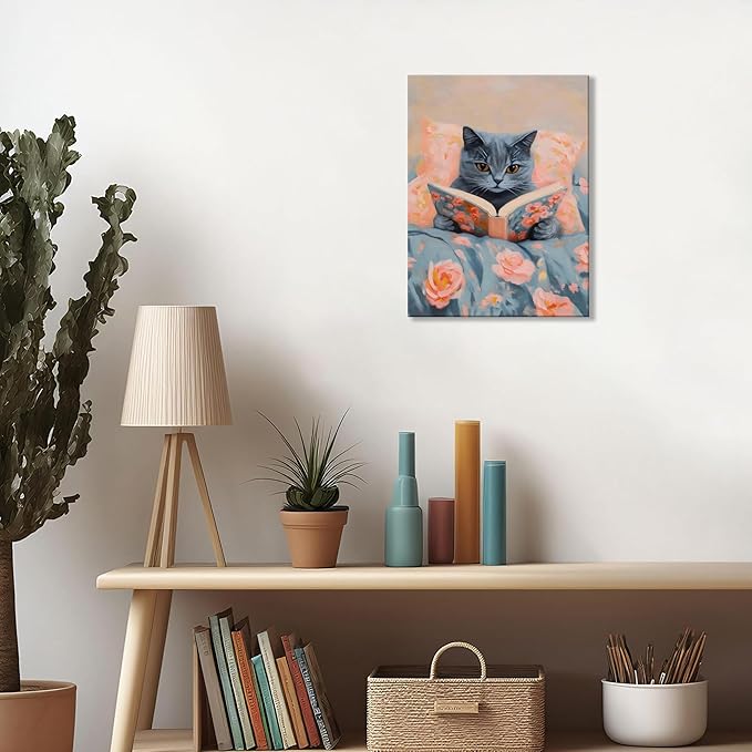 Framed Cat Reading Book Canvas Wall Art, Cute Gray Kitten Painting Print, Funny Animal Lovers Picture Wall Decor for Bedroom Living Room Kids Room Girls Room Home Decor 16x24 Inch