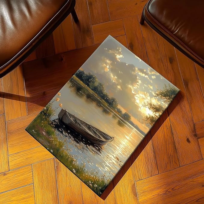 2Pcs Framed Fall Landscape Canvas Wall Art, Lake Boat Forest Art Prints, Autumn Scenery Nature Decor Pictures, Rustic Gold Paintings Wall Decor Living Room, Bedroom, Office 16x24in