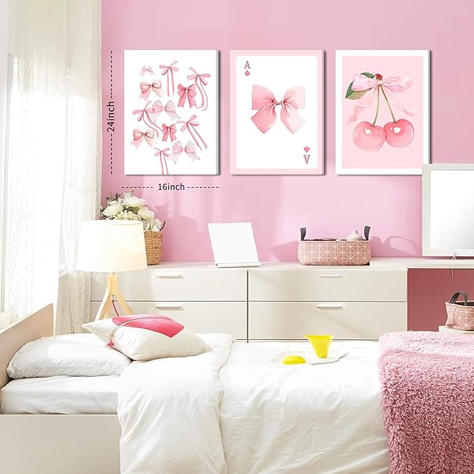 Trendy Pink Bows Canvas Wall Art Set of 3, Vintage Preppy Cherry Posters Prints, Pink Girly Room Aesthetic Wall Decor Painting for College Apartment Living Room Bedroom 16x24 In Framed