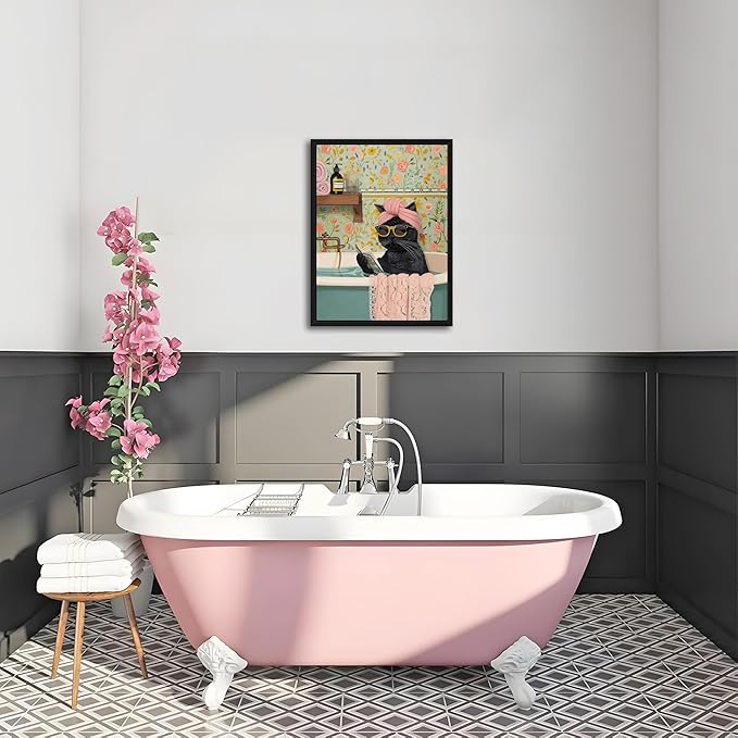 Floating Framed Bathroom Cat Canvas Wall Art, Funny Black Cat Reading Wall Decor, Cute Animal Prints Pictures Posters for Living Room Bedroom Toilet Kids Room Paintings 12x16 inch