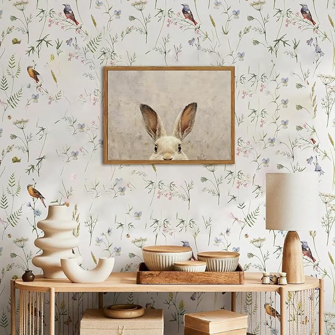 Framed Vintage Rabbit Wall Art, Cute Easter Bunny Pictures Wall Decor, 3D Sandstone Textured Farmhouse Animal Paintings Prints Cottagecore Home Decor for Living Room Bedroom Nursery 12x16 inch