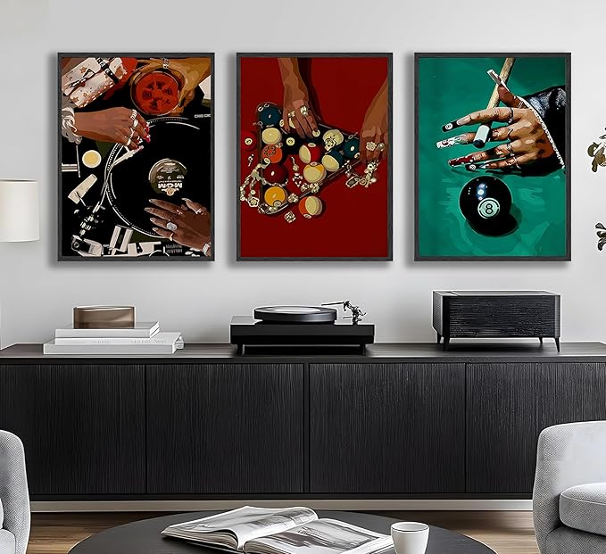 JWDXNOOK 3pcs Fashion Feminine Wall Art Funky Retro Music Wall Decor Fashion Hands Print DJ and Black billiard 8Theme Triptych Paintings Poster for Game Room Bar Living Room Bedroom Decor Unframed