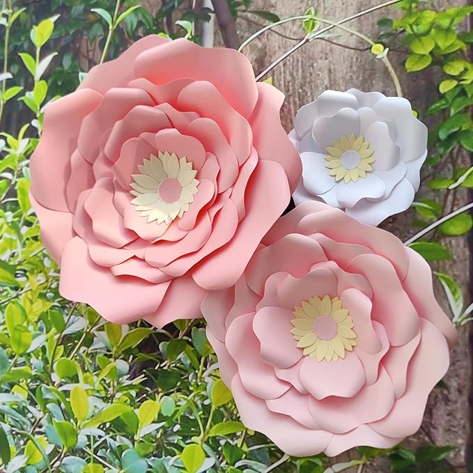 Blush Pink White 3D Paper Flower with Leaf for Nursery Wall Decorations Girl Baby Shower Nursery Decor Birthday Decorations 14 inch-6 inch Pack of 6