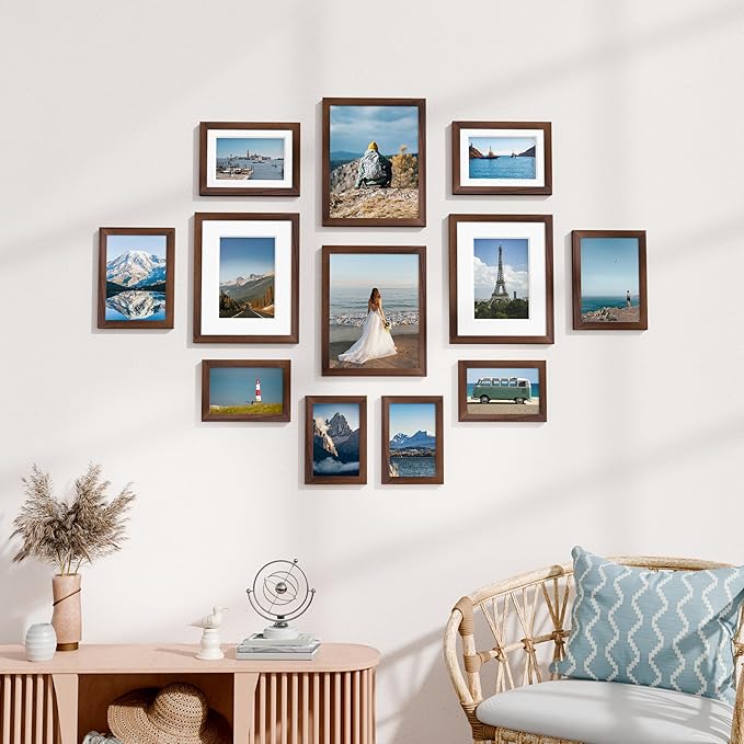 Vittanly 12 Pack Picture Frames Collage Wall Decor for Mounting or Tabletop Display, Gallery Wall Frame Set for Family, Multi Sizes Including 8x10, 5x7, 4x6, Light Brown