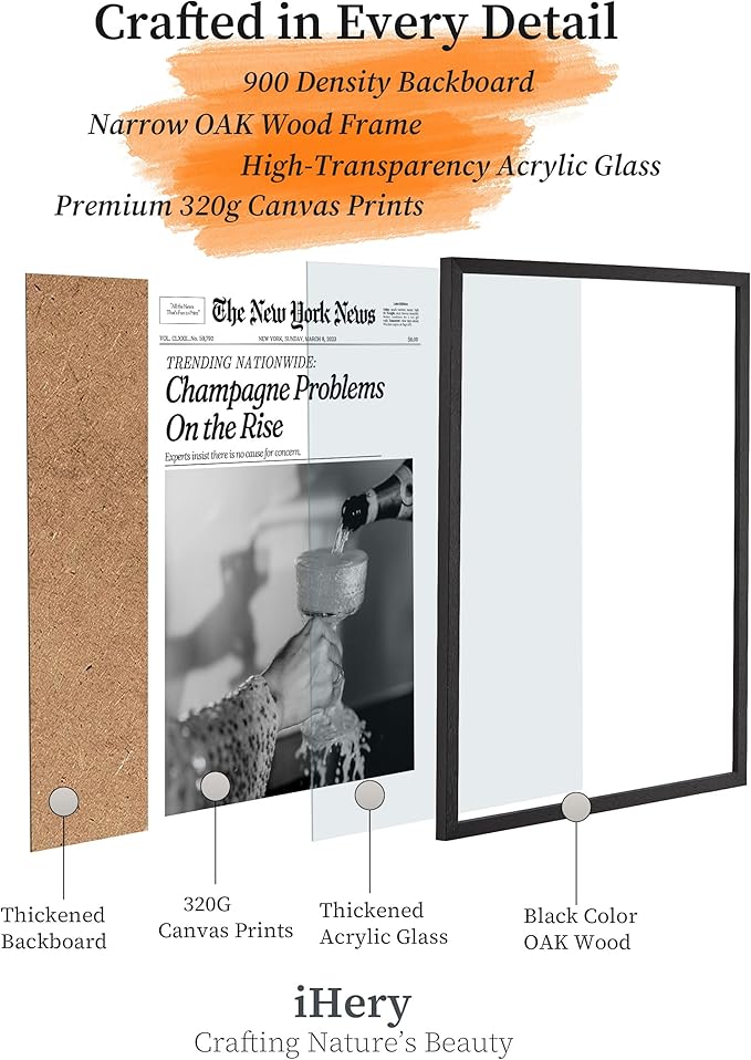 iHery Small Premium Natural Black OAK Wood 8x10in Champagne Problems On the Rise Newspaper Trendy Framed Wall Art, Vintage Funny Canvas Wall Decor For Girly Dorm Bedroom Living Room 1Pack