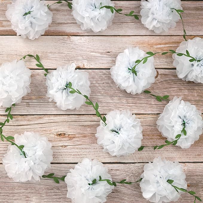 White Tissue Paper Pom Pom Garlands, Paper Flowers for Birthday Decorations, Baby Shower, Wedding Engagement, Bridal Shower, Spring Summer Party Decorations