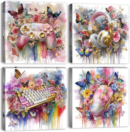 Large 4 Panel Gaming Wall Art Girls Room Decor Pink Floral Butterfly Canvas Print Gamer Bedroom Wall Decor 20x20”, Colorful Controller Headphones Keyboard Mouse Posters Gaming Home Decorations