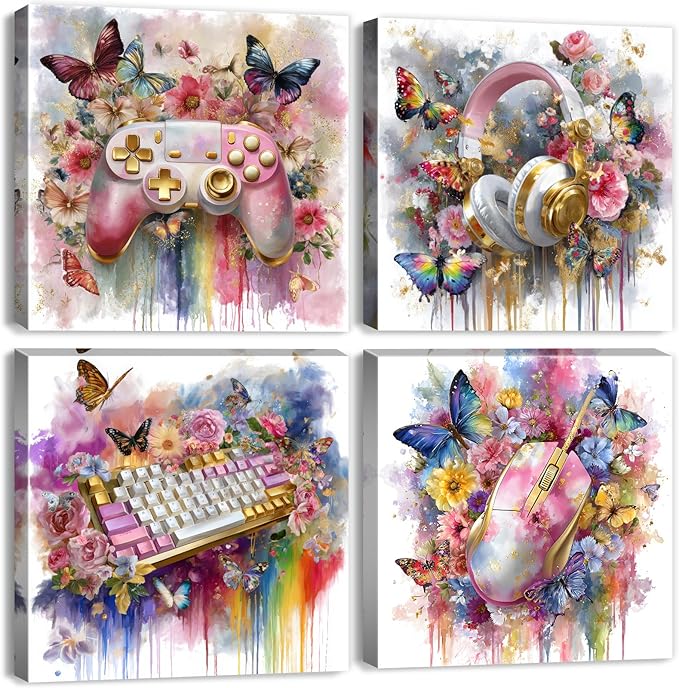 Pink and Gold Gaming Wall Art for Gamer Girls Room Decor Graffiti Flowers Butterfly Pictures Bedroom Playroom Aesthetic Game Gamepad Headphone Canvas Prints Games Posters Home Decoration 12x12” 4Pcs