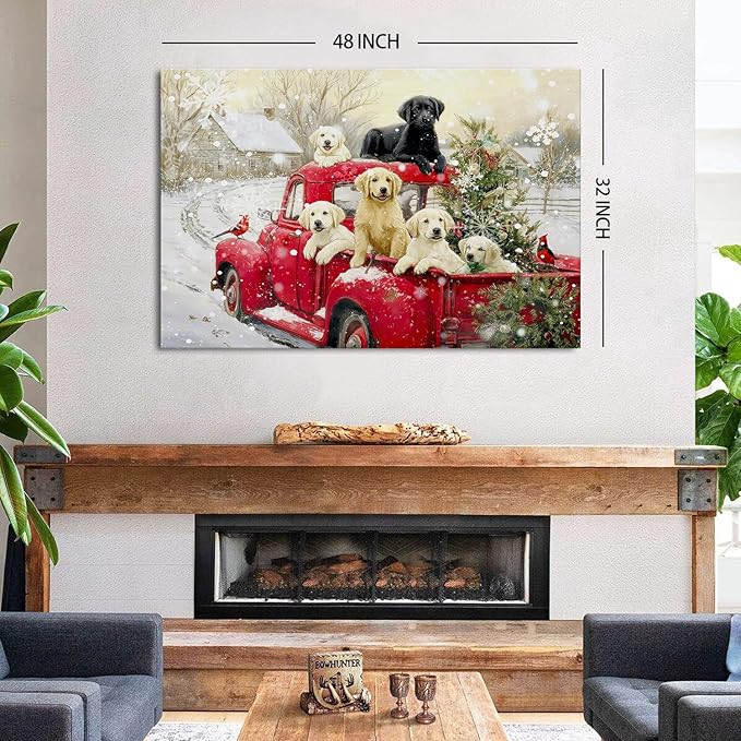 Vintage Christmas Wall Art Winter Farmhouse Scenic Wall Decor Red Truck Christmas Tree Canvas Prints Cute Puppy Pictures Snow Country Landscape Artwork for Bedroom Kitchen Home Decorations 32x48"