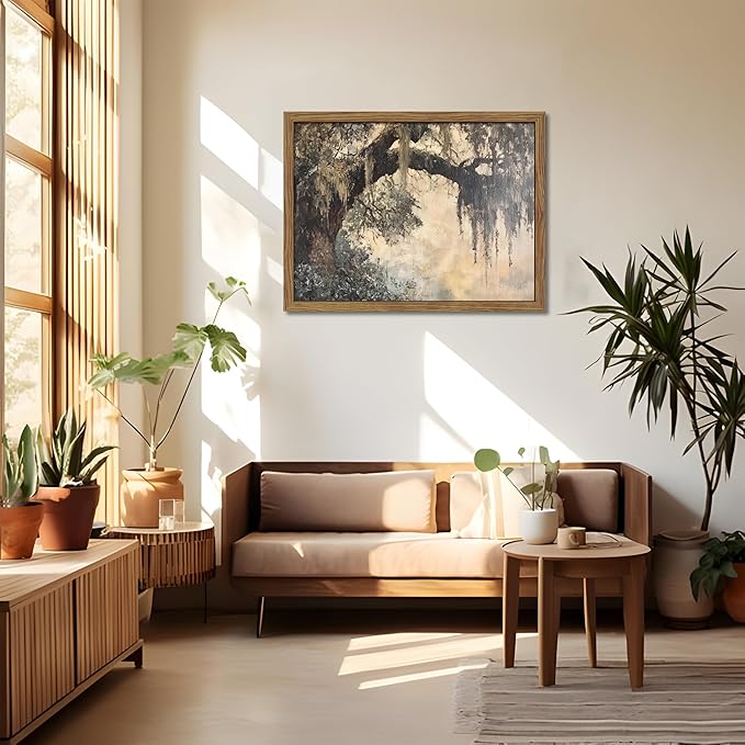 Framed Cottagecore Canvas Wall Art, Vintage Live Oak Tree Pictures Print, Charleston Spanish Moss Oil Paintings, Farmhouse Savannah Southern Wall Decor for Entryway Living Room – 16x24 inch