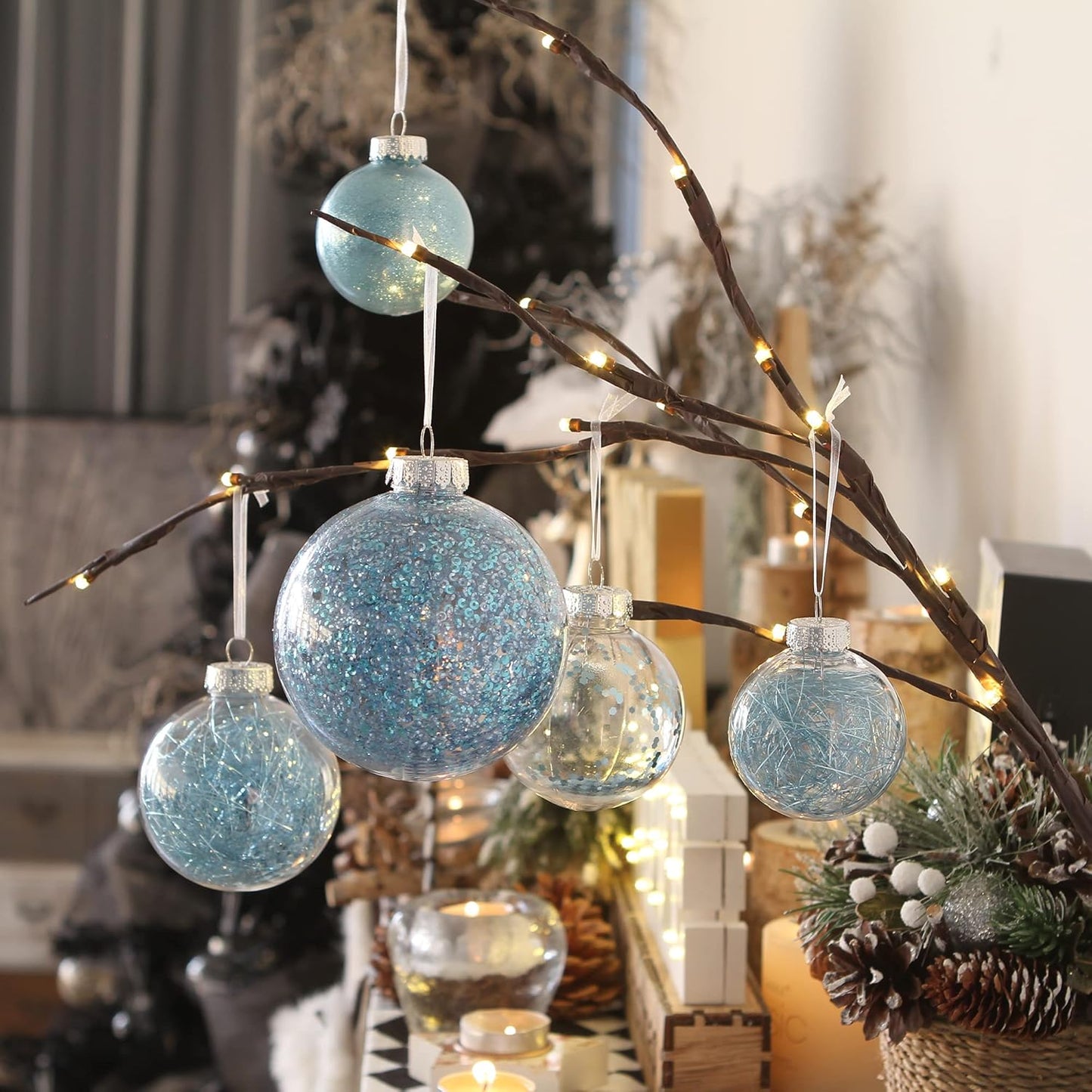 Sea Team Christmas Baubles Set Clear Plastic Shatterproof Multi-Size Decorative Christmas Baubles with Stuffed Delicate Decorations (25 Pieces, Babyblue)
