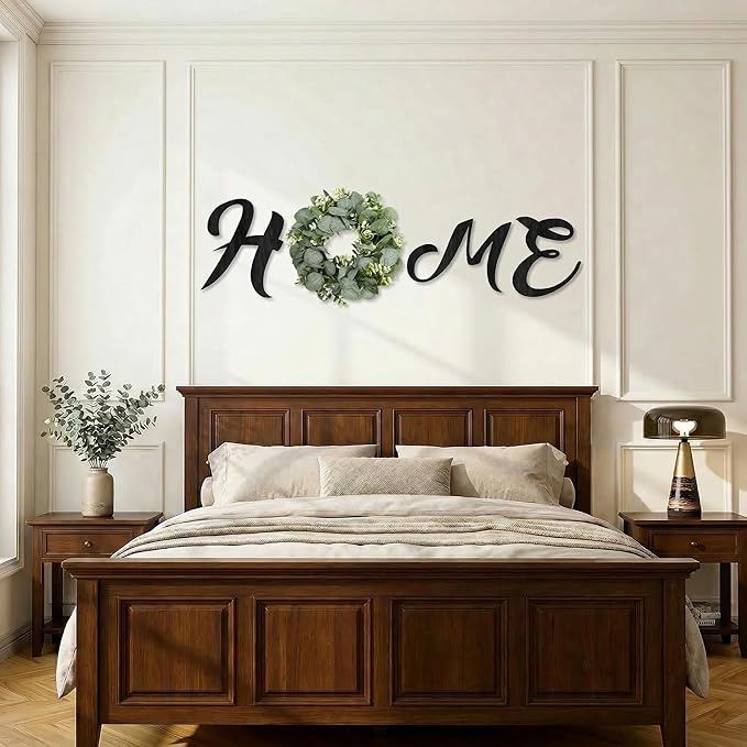 Wood Home Sign with Artificial Eucalyptus Wreath for O, Hanging Farmhouse Wall House Decor Wood Letters for Wall Art Rustic Home Decor, Wall Decor for Living Room Kitchen Entryway (Black)