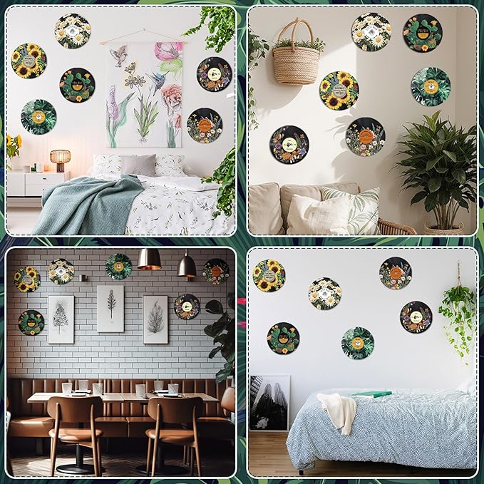 Chunful 6 Pake 12 Inch Vintage Records Wall Decor Aesthetic Retro Record Wall Decor for Dorm Bedroom Living Room Art Display Rock and Roll Music Hippie Party Records Decorations(Botanical)
