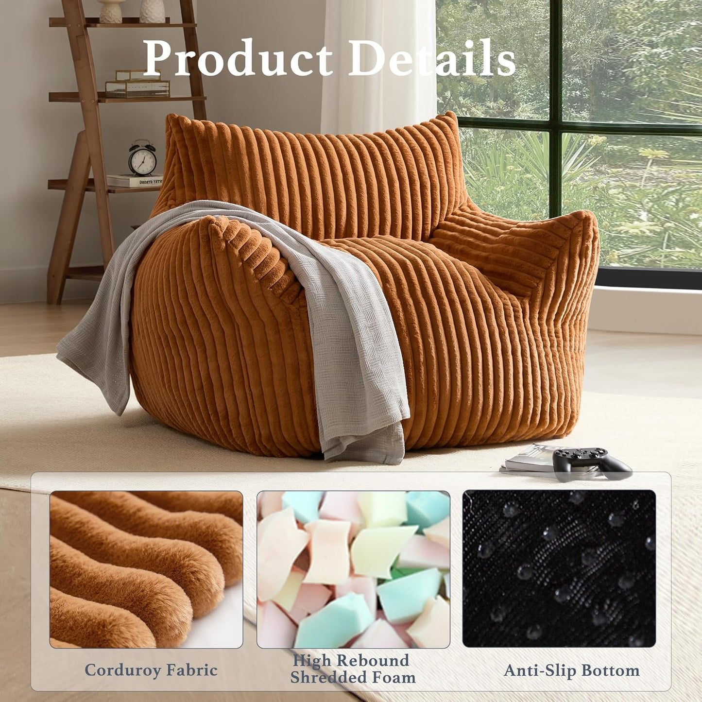 Giant Plush Bean Bag Chair for Adults with Armrests - Oversized Comfy Orange Beanbag Lounge Lazy Floor Sofa Accent Chair for Living Room, Bedroom & Dorm, Cozy Fluffy Single Cloud Mini Couch
