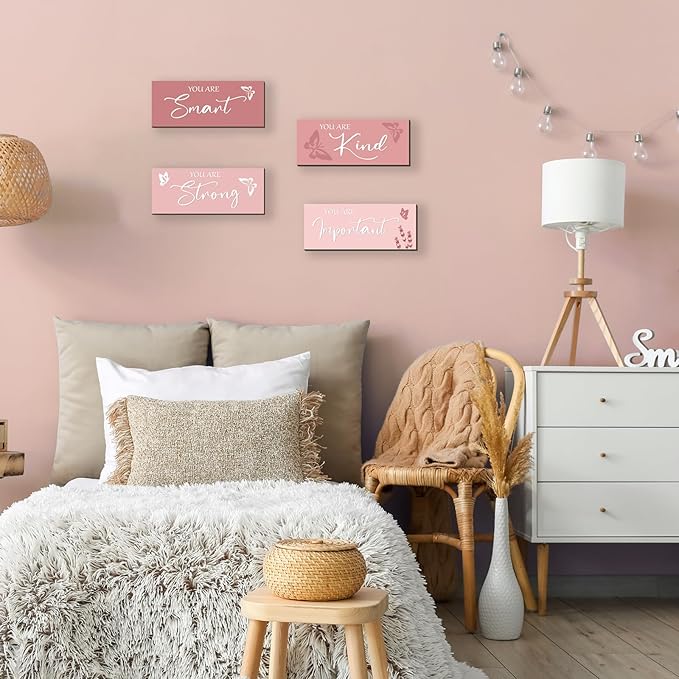 FENCORDAR 4 Pcs Butterfly Wall Decor Girls Room Decor Wooden Pink Wall Decor Positive Butterfly Wall Art Prints Inspirational Gift for Teen Girls Women Room Nursery Bedroom Bathroom(Pink, 10x4)