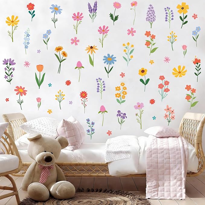 Spring Flower Wall Stickers, 8 Sheets Wildflower Wall Decals Peel and Stick Floral Wall Decor for Girls Bedroom Nursery Spring Room Decorations 90 Pcs