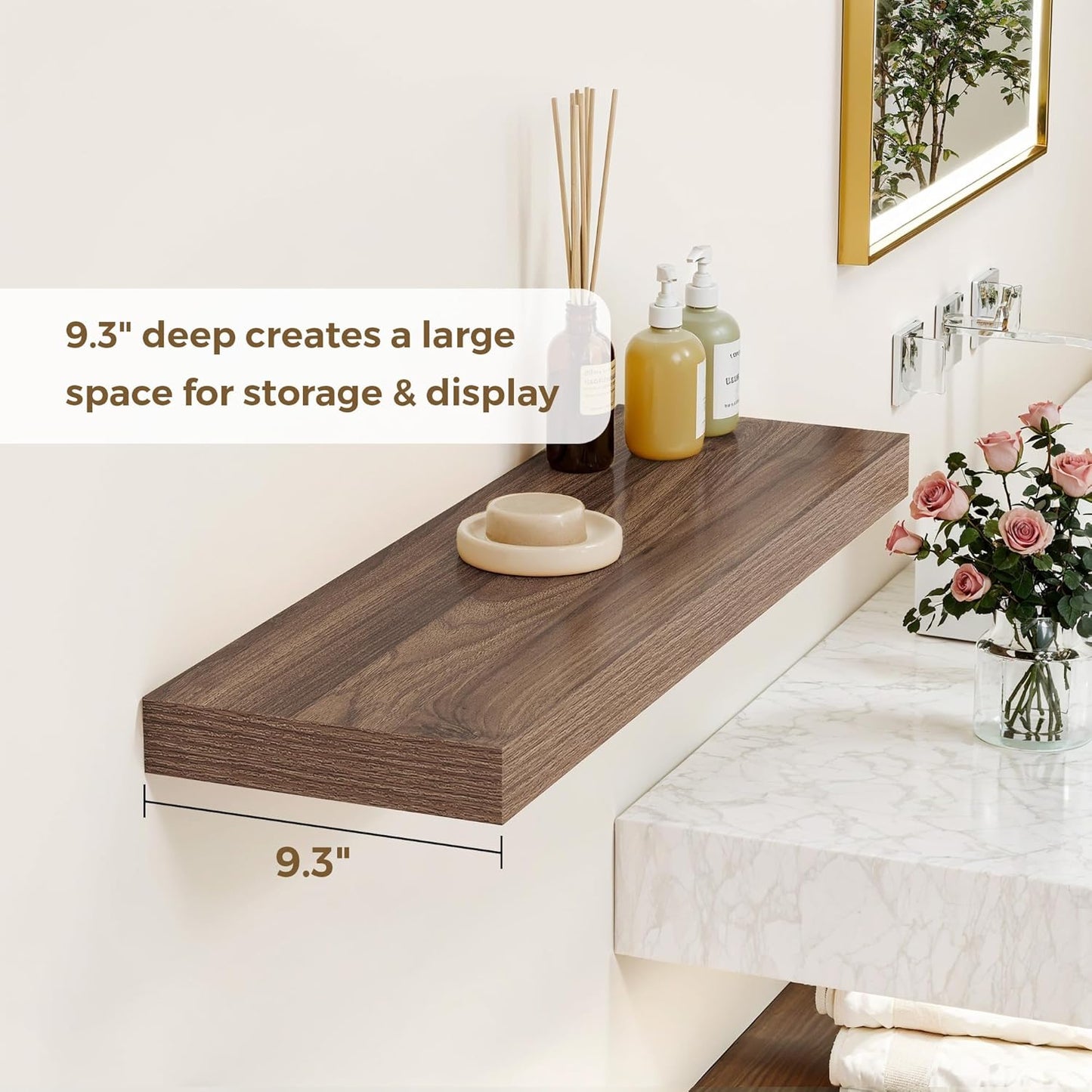 Dreamland 36 Inches Floating Shelves for Wall, 9.3" Deep Long Floating Shelves Set of 2, Large Display & Storage Shelf, Wall Shelf for Bathroom Bedroom Living Room Kitchen Office, Walnut