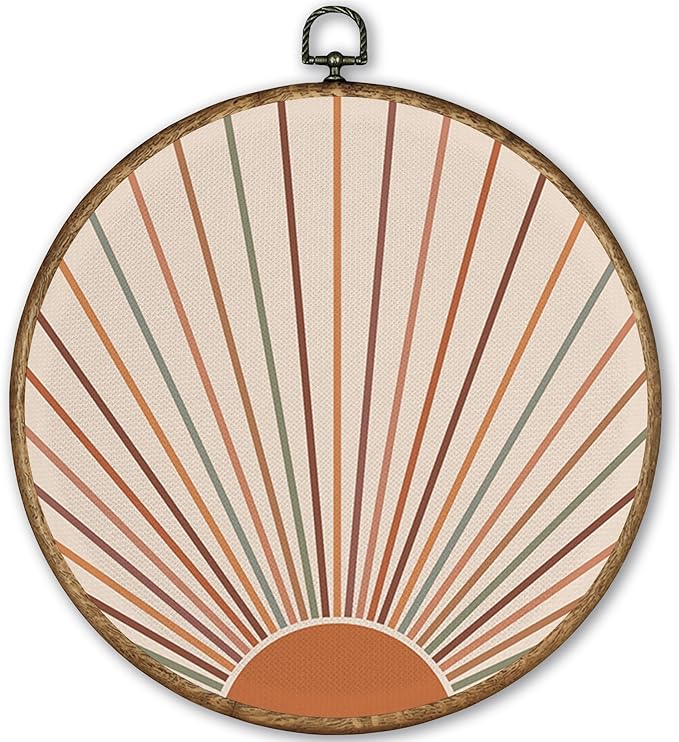 TLESKE Orange Colorful Boho Sun Round Wall Art Decor Framed 10x10, Bohemian Sunshine Canvas Wall Art Prints Artwork, Abstract Minimalist Wall Hanging Room Door Decor Decoration for Bedroom Living Room
