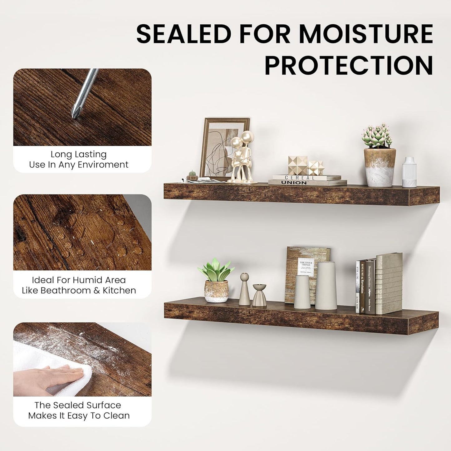Floating Shelves for Wall, 36"W x 8"D x 1.5"H, Wooden Wall Mounted Display Shelves with Invisible Brackets for Living Room, Bedroom, Bathroom, Kitchen Decor and Storage, Set of 2, Rustic Brown