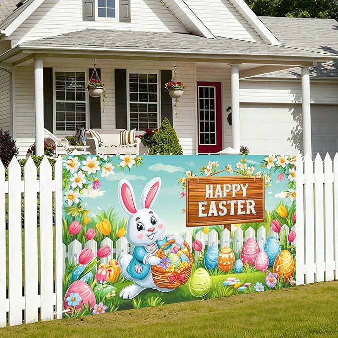 Happy Easter Backdrop 71" X 43" Happy Easter Day Banner Easter Rabbit Party Decorations Easter Bunny Background