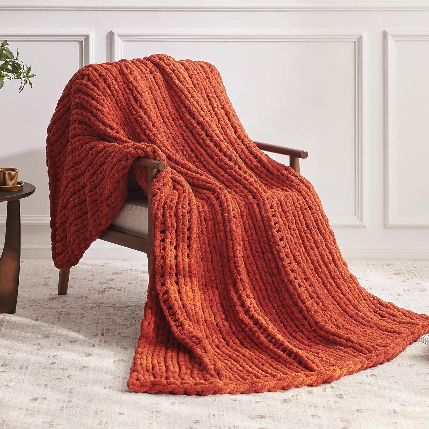 Chunky Knit Throw Blanket, 60''*80'' Knitted Throw Chenille Yarn for Bed Couch, Handmade Orange Crochet Big Thick Blanket, Machine Washable Cute Comfy Blanket for Home Decor