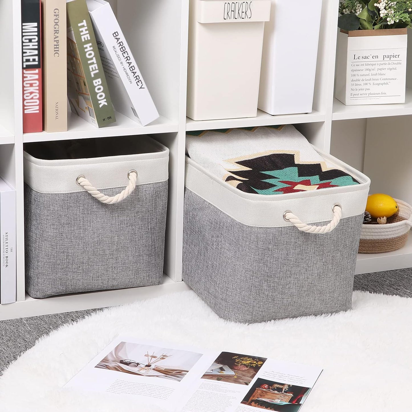 Bidtakay Storage Baskets for Organizing Large Storage Bins for Shelves 2 Pack 16x12 in Fabric Baskets for Blanket Nursery Toy Storage Collapsible Organizer Bins Closet Organizers Storage-Grey&White