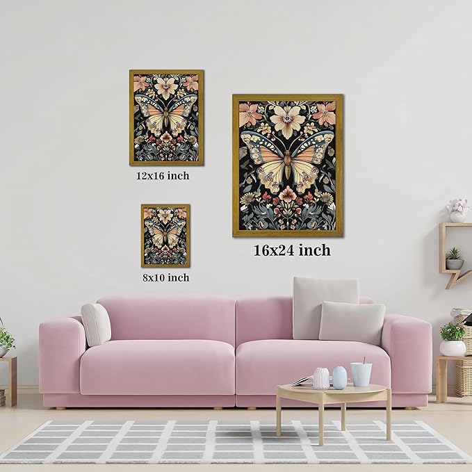 Hand Drawn Sandstone Nature Floral Wall Art, Framed Vintage 3D Textured Butterfly Wall Decor, Gothic Style Flower Insect Print Painting for Living Room Bedroom Home Decor 16x24 inch
