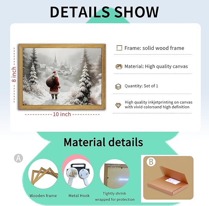 Vintage Christmas Canvas Wall Art, Wood Framed Santa Claus Wall Decor Painting, Rustic Farmhouse Winter Snow Scene Poster Print Picture 8x10 inch, Best Holiday Decor for Living Room Bedroom Home