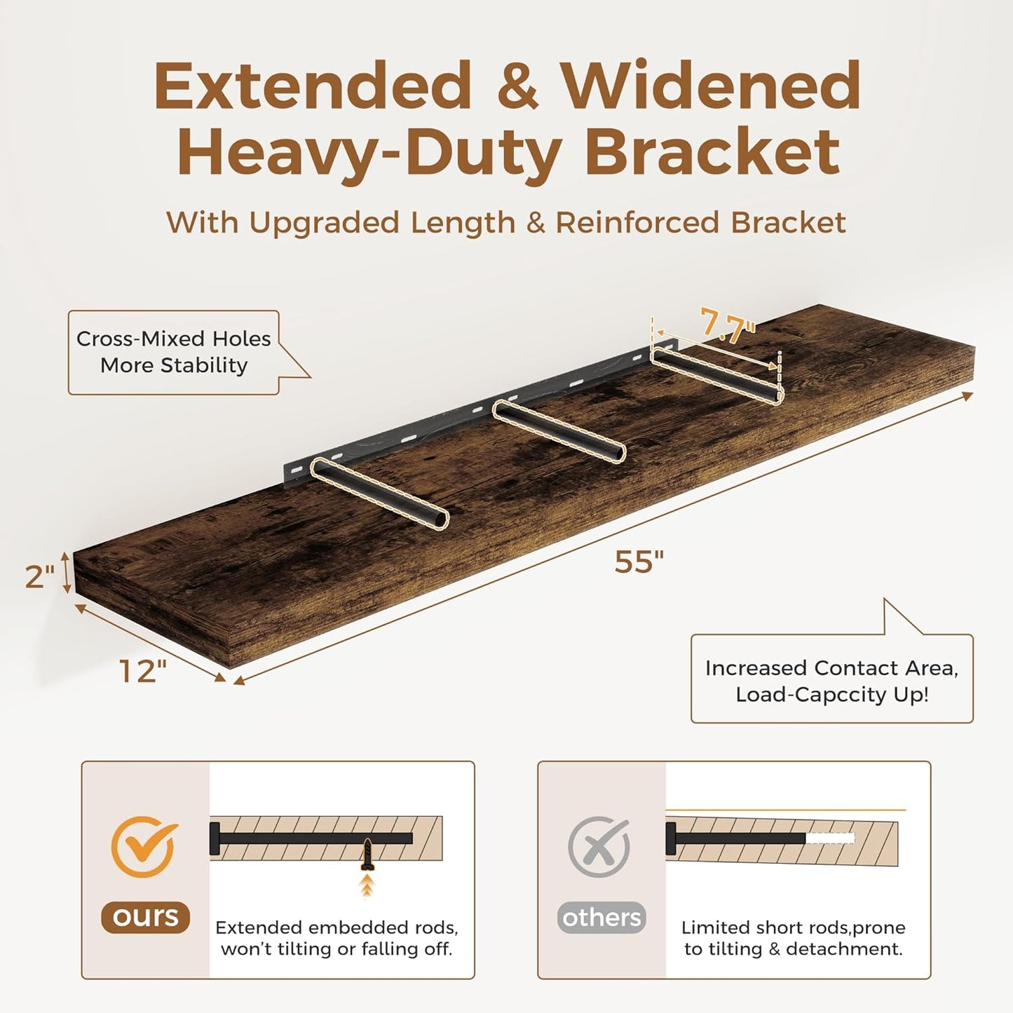 Floating Shelves 55 Inch Long, 55 x 12 Large Floating Shelf Wall Mounted, 12 Inch Wide Floating Shelves for Fireplace Mantel, 2" Thicked Storaged Shelves for Living Room, Bedroom, Rustic Brown, 1 Pack