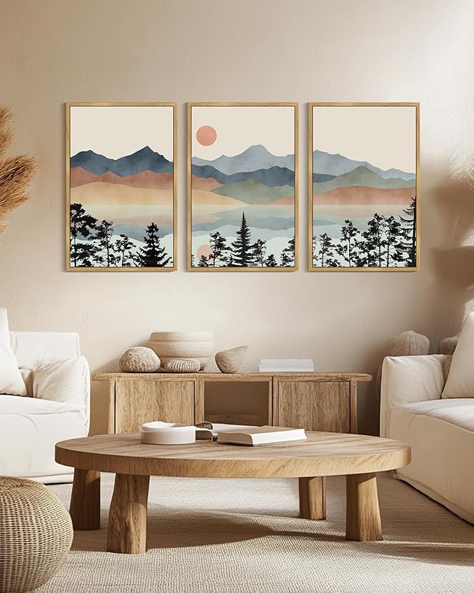 Drsoum Mountain Range Landscape Wall Art Framed Ink Wash Watercolor Nature Wall Decor Laker Sun Rises Prints Bedroom Living Room Ready to Hang 24x36in Natural Framed