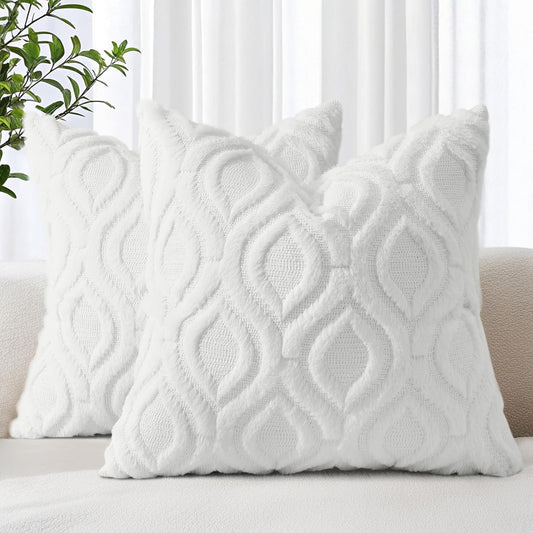 decorUhome Throw Pillow Covers 24x24 Inch Set of 2, Soft Plush Decorative Faux Fur Cream Beige Solid Couch Pillow Covers, Accent Farmhouse Neutral Square Euro Pillow Cases for Sofa Bed Living Room