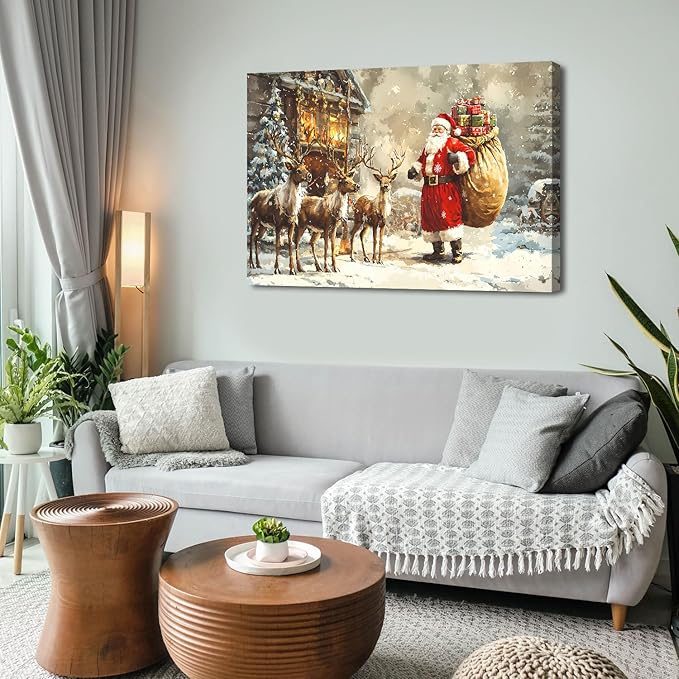 Santa and Reindeer Wall Art Christmas Wall Decor Farmhouse Deer Canvas Prints Pictures Vintage Winter Christmas Tree Landscape Painting Artwork for Kitchen Dining Room Home Decorations 32x48"